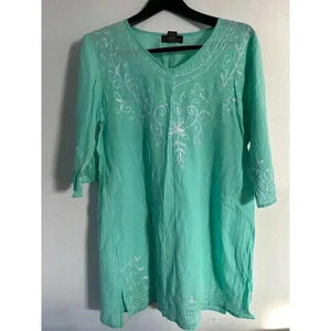 Beach by Exist Mint Green Embroidered Floral Boho Summer Tunic Top Cotton Size L